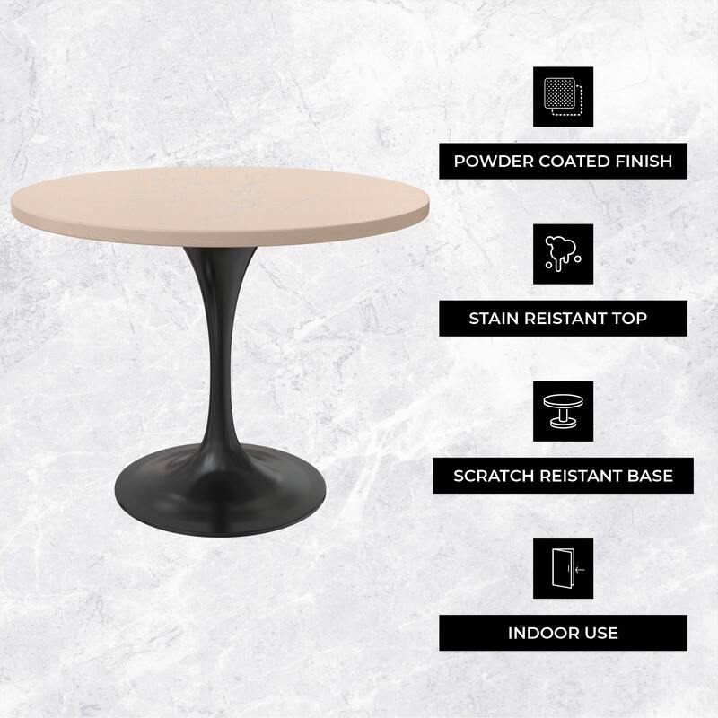LeisureMod Verve 36" Round Dining Table with MDF Wood TableTop and Black Steel Base for Kitchen & Dining Room