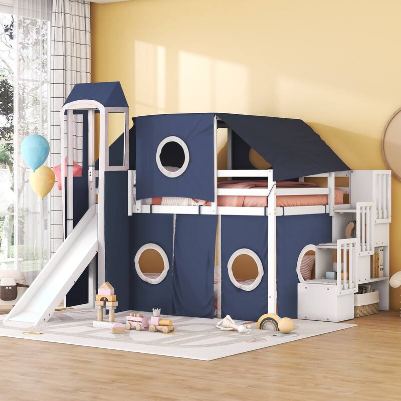 Full Loft Bed with Castle Tent & Tower and Solid Wood Frame, 400lb Capacity, Playhouse Design - Blue