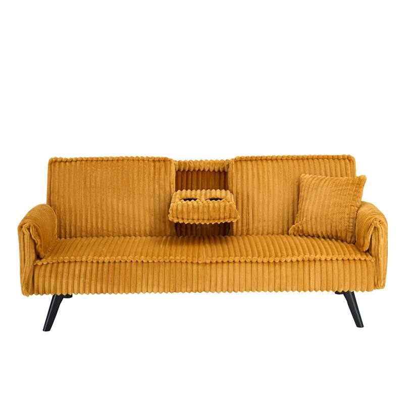 Orange Corduroy Sofa with Adjustable Backrest and Cup Holder