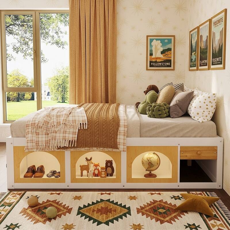 Wooden Platform Bed with Footboard Bookshelf, LED Display Cabinet and Drawer Storage by Harper&Bright Designs