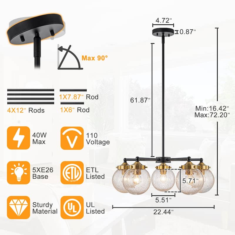 5-Light Modern Branch Chandelier with Clear Crackled Glass Globes - Dia.22.44-in