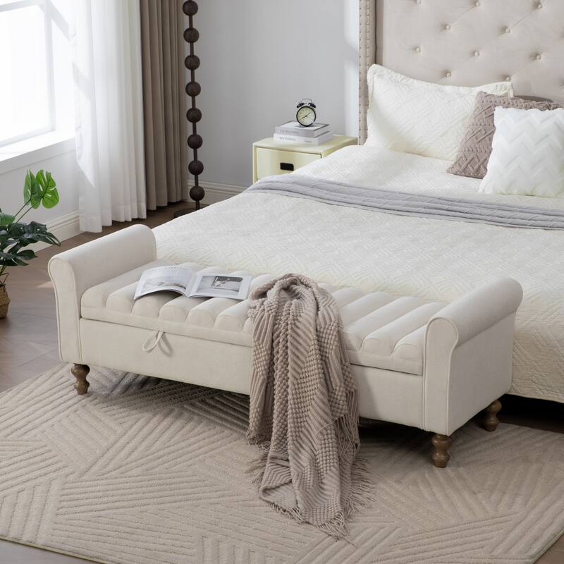 65.6"W Upholstered Storage Bench With Rolled Armrest, Rubberwood Legs
