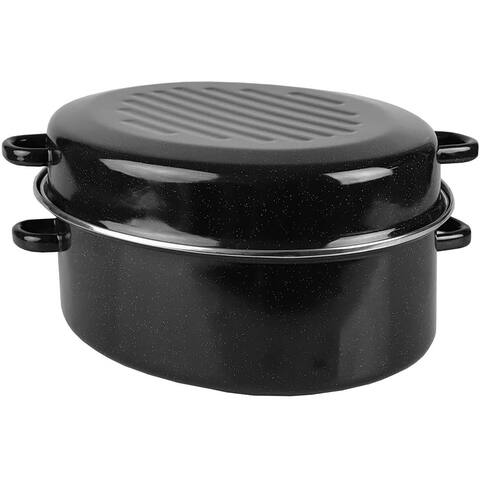 Premius Deep Oval Non-Stick Enameled Carbon Steel Roaster Pan with Lid, Black, 16 Inches - 16 Inches