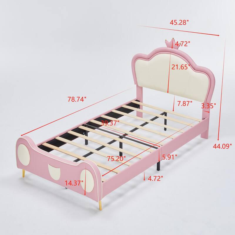 Twin Size Princess Bed with Crown Headboard, PU Upholstered Platform Bed, Bed Frame with Storage Pocket, Pink