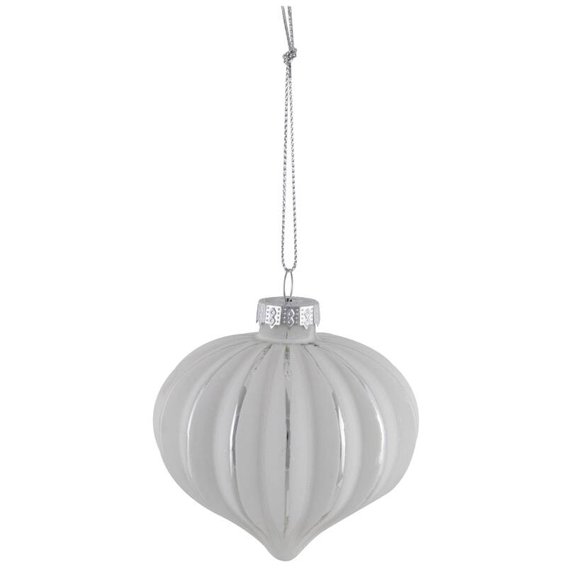 Striped Ball and Onion Glass Christmas Ornaments - 3" (80mm) - White and Silver - 4ct