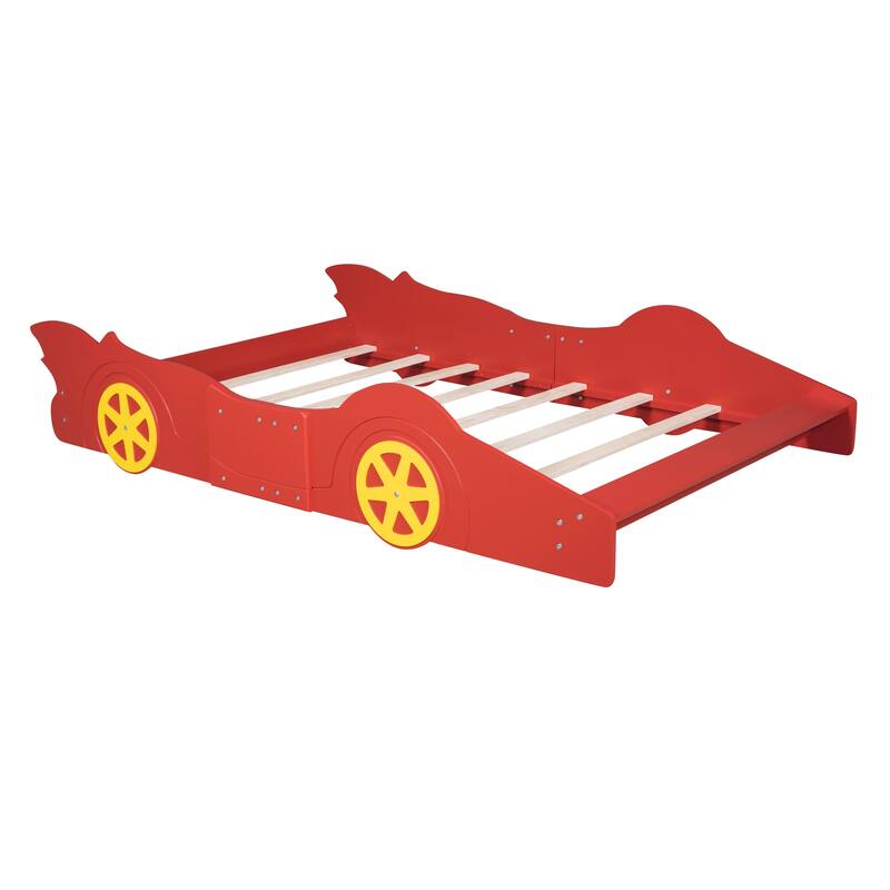 Full Size Race Car Platform Bed with Wheels and Safety Rails