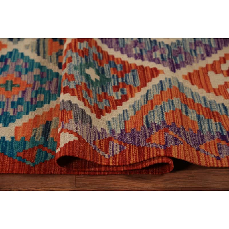 Geometric Kilim Oriental Area Rug Tribal Hand-Woven Wool Carpet - 8'0"x 11'2"