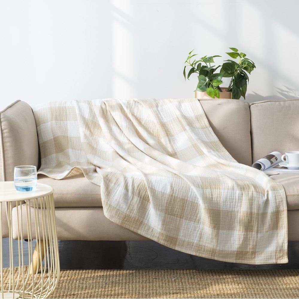 WHOLINENS Cotton Four Layers Muslin Gauze Picnic Throw Blanket Reversible