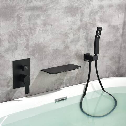 Wall Mounted Tub Filler With Hand Sprayer Waterfall Bathtub Faucet Modern Single Handle Tub Faucet Trim With Handheld Shower