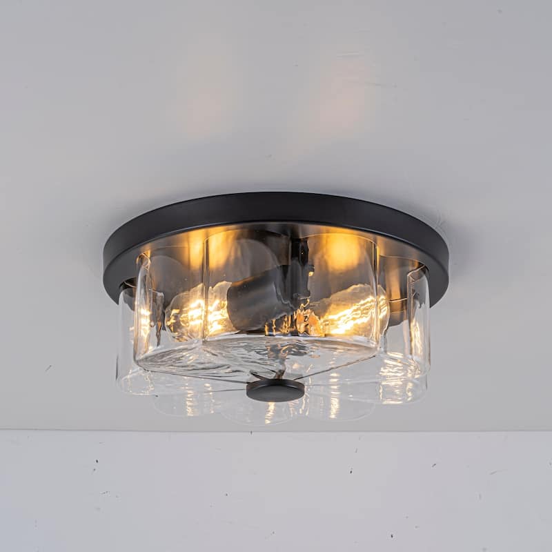 2-light Modern Farmhouse Matte Black Flush Mount Ceiling Light with Clear Flower-Shaped Glass Shade - 11.8 in. W x 4.9 in. H x 11.8 in. D - Black/Clear