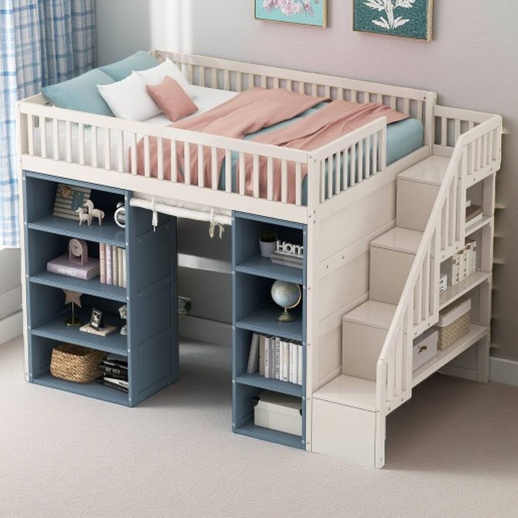 Full Size Loft Bed with Storage Staircase, 2 Cabinets, Blackout Curtain, and Space-Saving Design, White & Blue