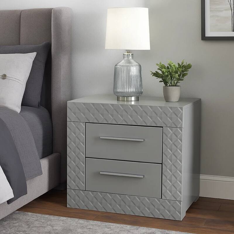 Ivon Nightstand, 2 Storage Drawers, 26 Inch Glossy Gray Hardwood
