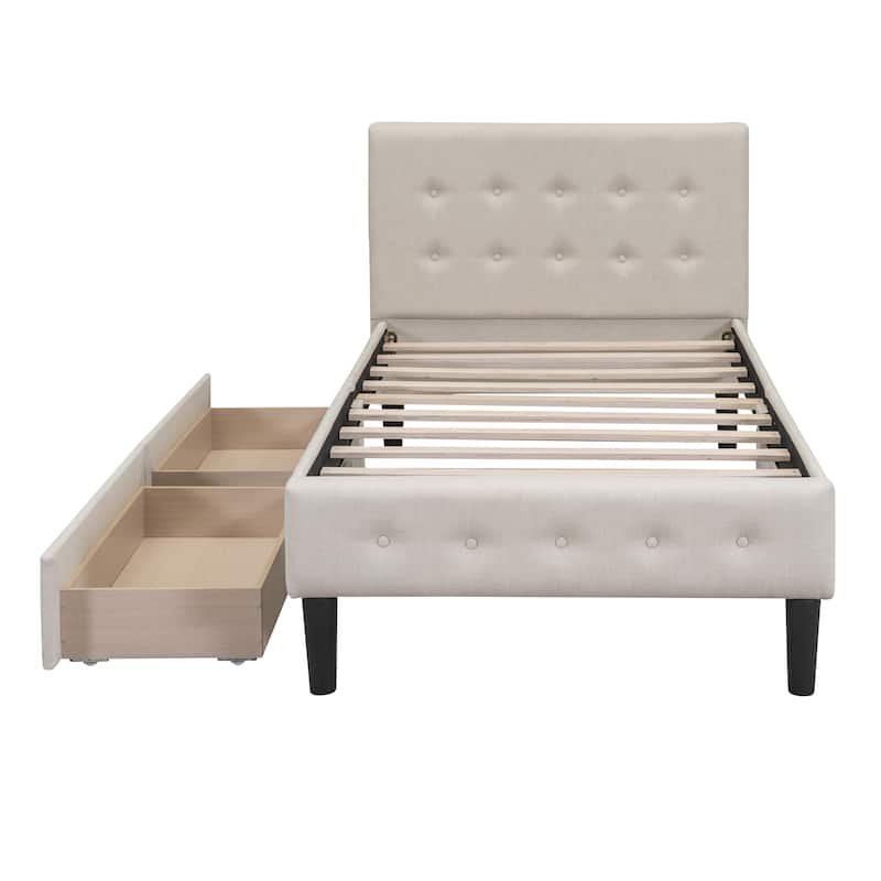 Twin Size Upholstered Bed Storage Platform Bed with Tufted Linen Headboard, 2 Pull-out Drawers and Solid Wood Frame