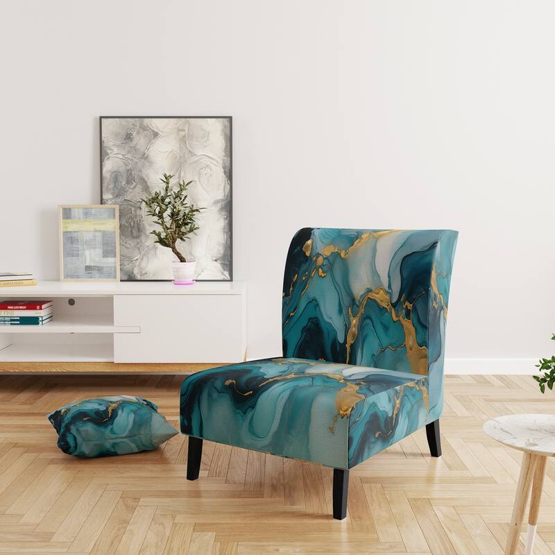 Designart "Segment Layers of Marbled Rock" Upholstered Fractals Accent Chair and Arm Chair - Slipper Chair - Turquoise & Gold