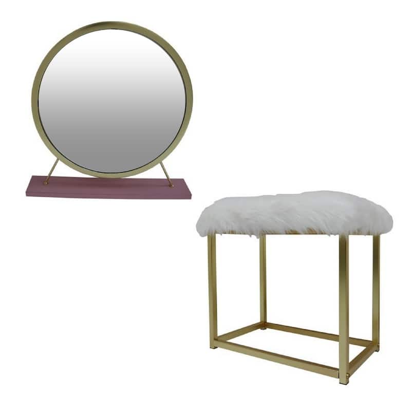Rose Round Vanity Mirror with Stool, Faux Fur Seat, Brass. Pink