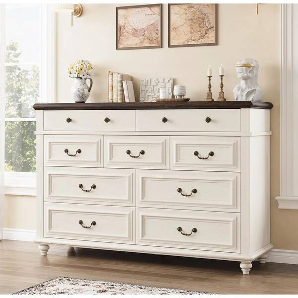 Cream Farmhouse Dresser, 9-Drawer Chest, 53.5 Inch Wide, Durable MDF, Vintage Handles, Versatile Storage Solution - Bed Bath & Beyond - 43619800 Cream Farmhouse Dresser, 9-Drawer Chest, 53.5 Inch Wide, Durable MDF, Vintage Handles, Versatile Storage Solution - Bed Bath & Beyond - 43619800