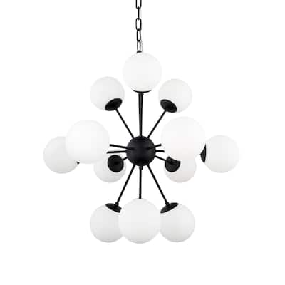 Barbara Matte Black Metal w/ Frosted Glass Globes 11-Light Chandelier - 31.5L x 31.5W x 31.5H