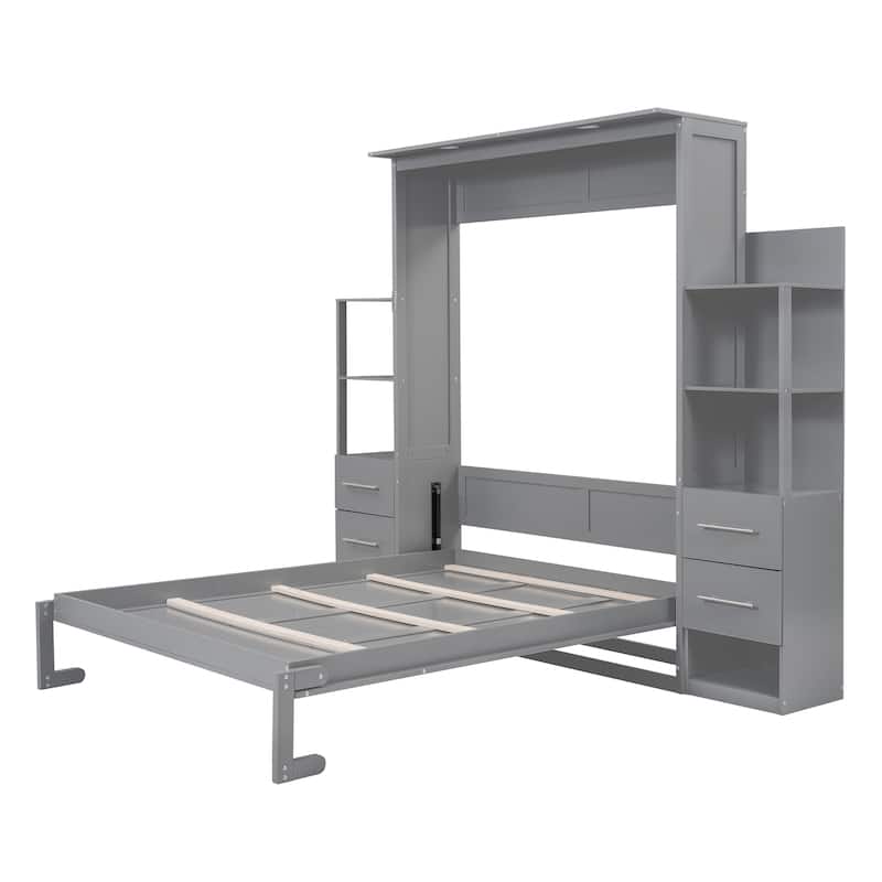 Roomfitters Queen Size Murphy Bed with Shelves, Foldable Wall Bed with Storage and Lighting