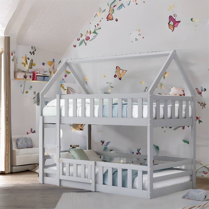 Twin over Twin House Bunk Bed with Fence and Door