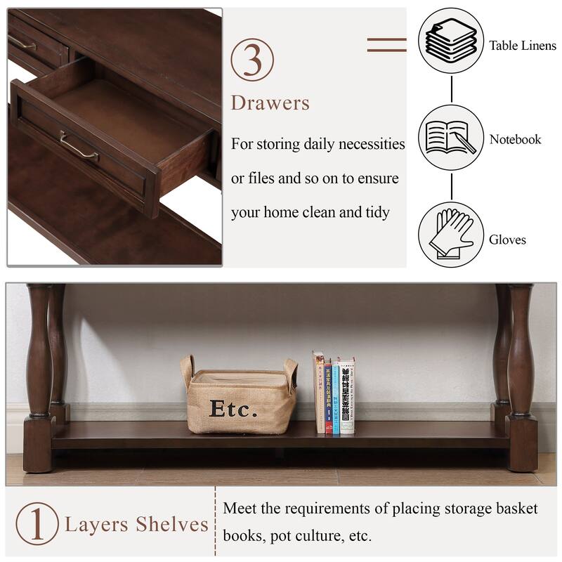 63inch Long Wood Console Table with 3 Drawers and 1 Bottom Shelf for Entryway Hallway Easy Assembly Extra-thick Sofa Table
