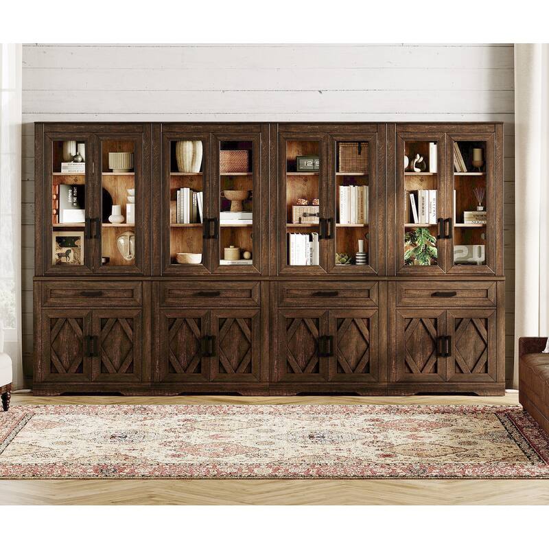 5 Tier 4-Column Bookshelf Set with Open Storage and Glass Doors