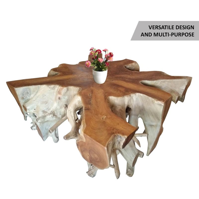 Block Square Teak Root Coffee Table, 40 Inch Long, Natural Finish