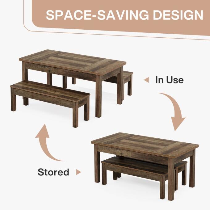 Wood Dining Table Set, 55-Inch Kitchen Table with 2 Benches for 4-6