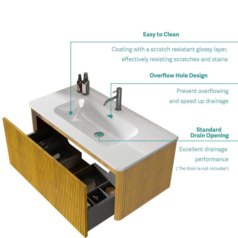 GDFStudio - Integrated Ceramic Basin for Bathroom Vanity, One-Piece Glossy Sink, Pre-Drilled without Drain Assembly