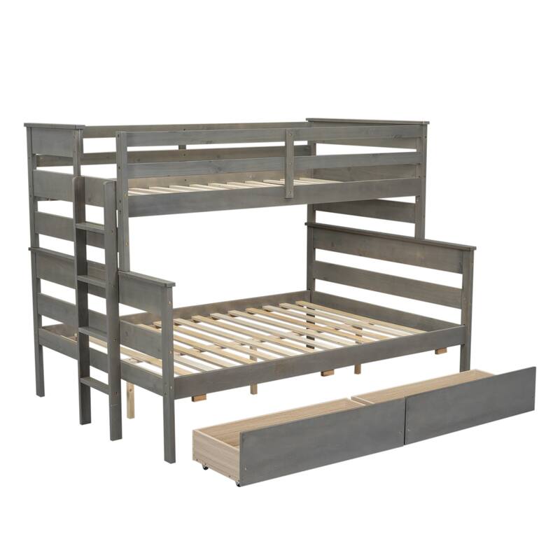 Twin over Full Solid Wood Bunk Bed Slat Support Full Length Guardrail Up Bed Separable Bed Frame with Drawer or Trundle