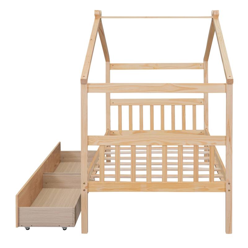 Wooden Twin/Full Size House Bed with 2 Drawers, Solid Pinewood Creativity House Shaped Sofa Bed Frame with Roof Design