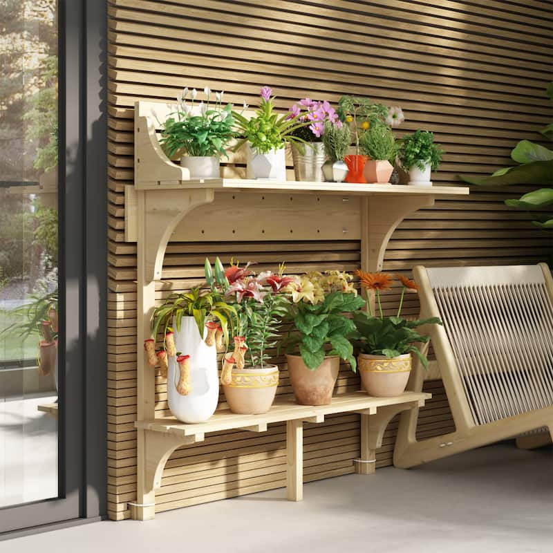 Rustic Fir Wood Potting Table with Storage Shelves