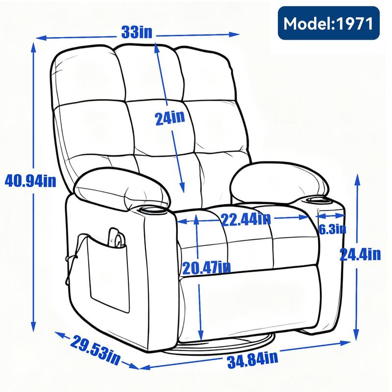 Swivel Recliner Chair with Heat & Massage, Oversized Fabric Manual Recliner Chair, Single Sofa with Cup Holders & Side Pocket