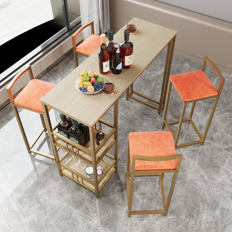 5 Piece Bar Table Set, Counter Height Kitchen Table Set, Metal Table and Chairs Set with 4 Upholstered Chairs & Storage Shelves - Gold,Grayish Brown,Orange