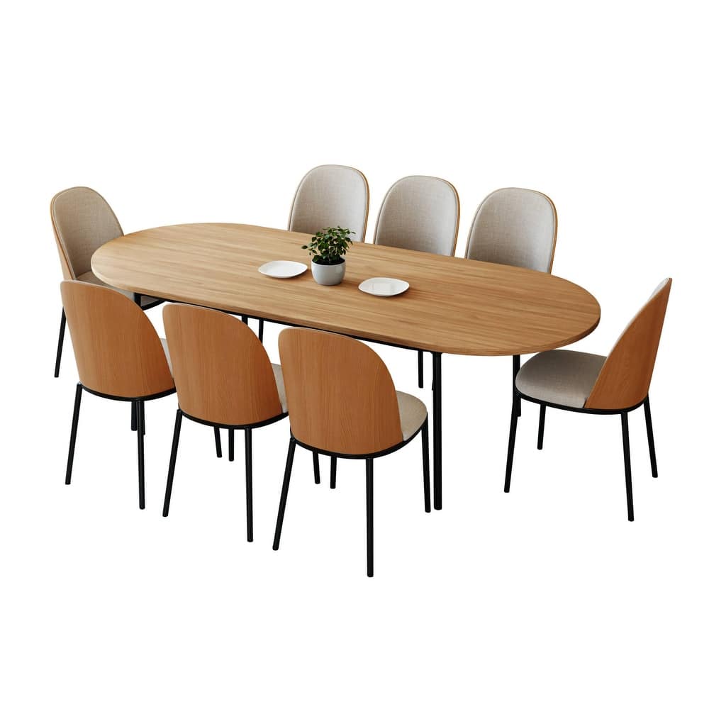 Tule Modern 9-Piece Dining Set with Solid Wood Top Oval Dining Table and Fabric Upholstered Black Steel Legs