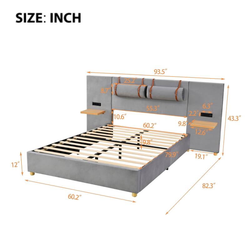 Queen Size Upholstered Platform Bed with Two Bedside Pillows, Two Outlets and USB Charging Ports