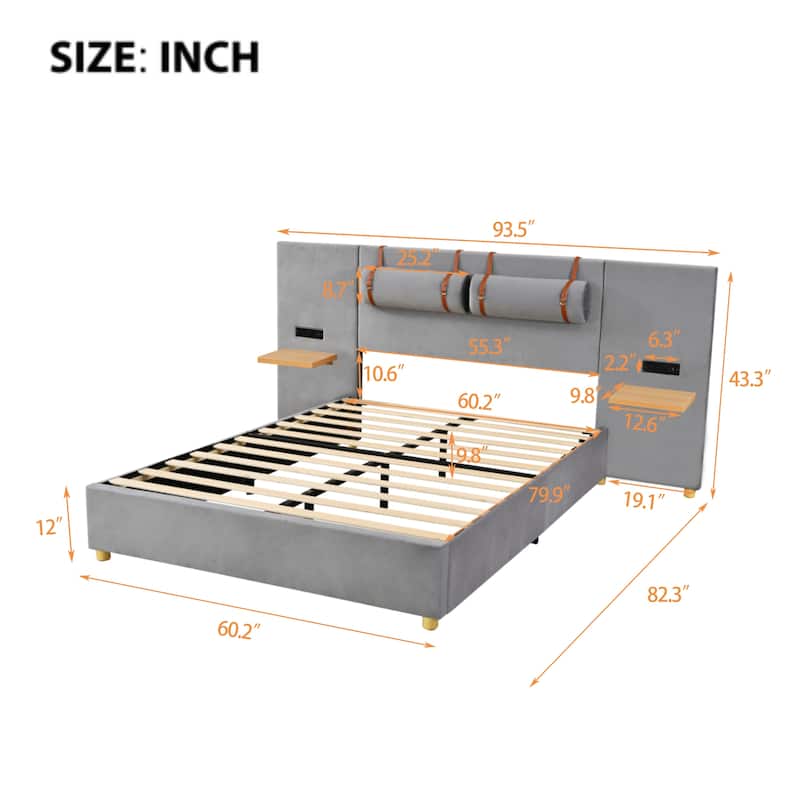 Queen Size Upholstered Platform Bed with Two Bedside Pillows and USB Charging Ports