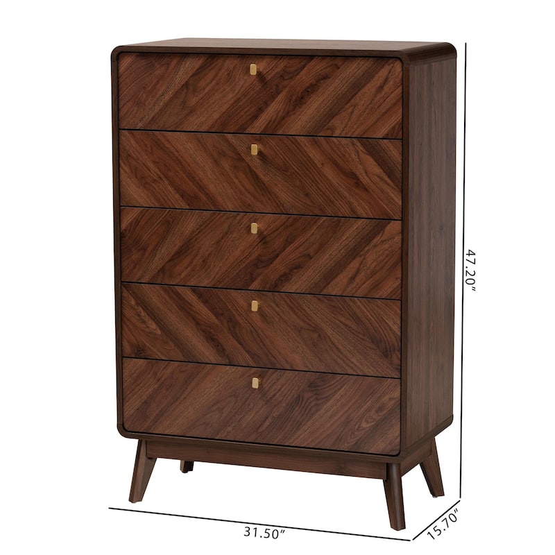Markell Mid-Century Modern Transitional Walnut Brown Finished Wood 5-Drawer Storage Chest