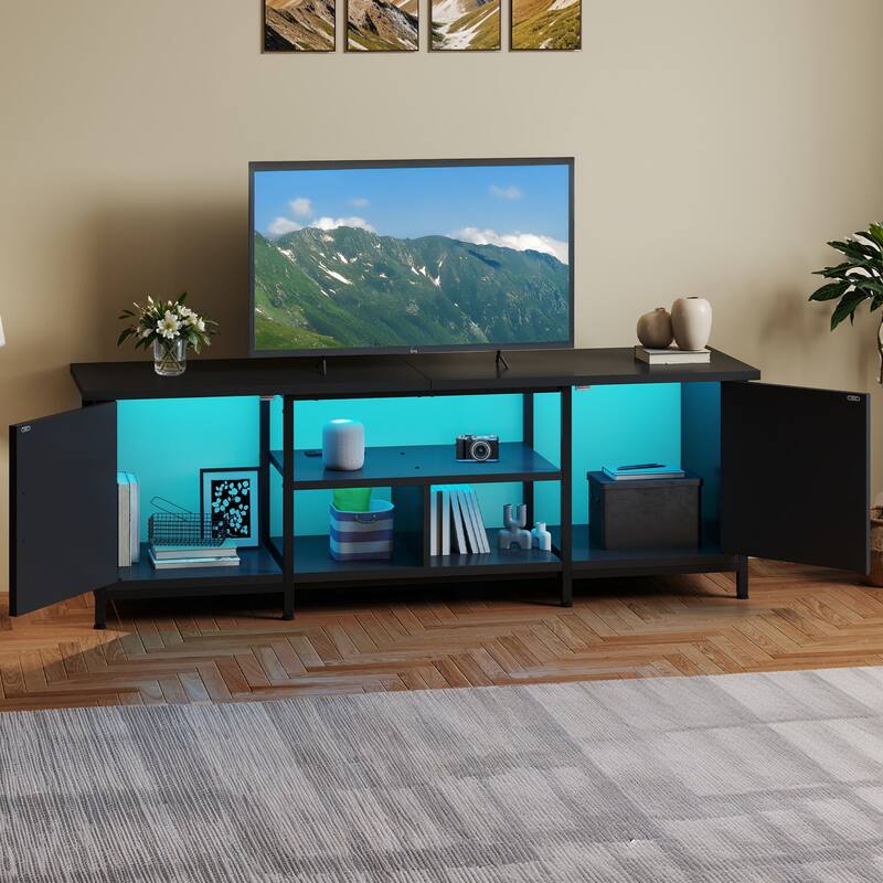 Moasis Farmhouse TV Stand with LED & Charging, Storage Cabinet and Shelves for TVs up to 70", Black