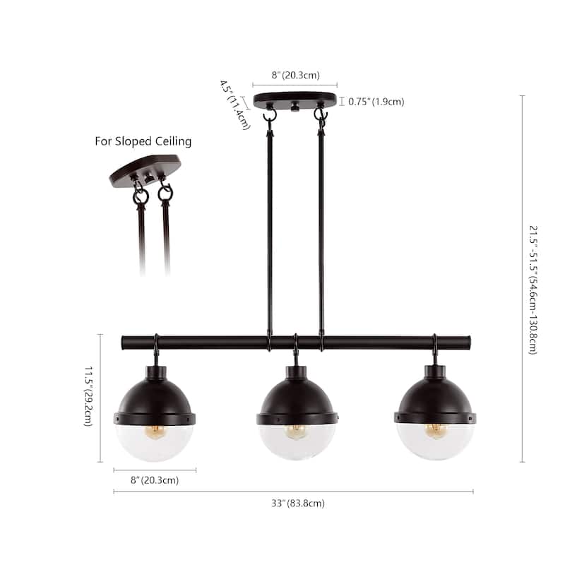 Nathan 33" 3-Light Industrial Farmhouse Iron/Glass Linear LED Pendant, Oil Rubbed Bronze/Clear by JONATHAN Y - 3 Light