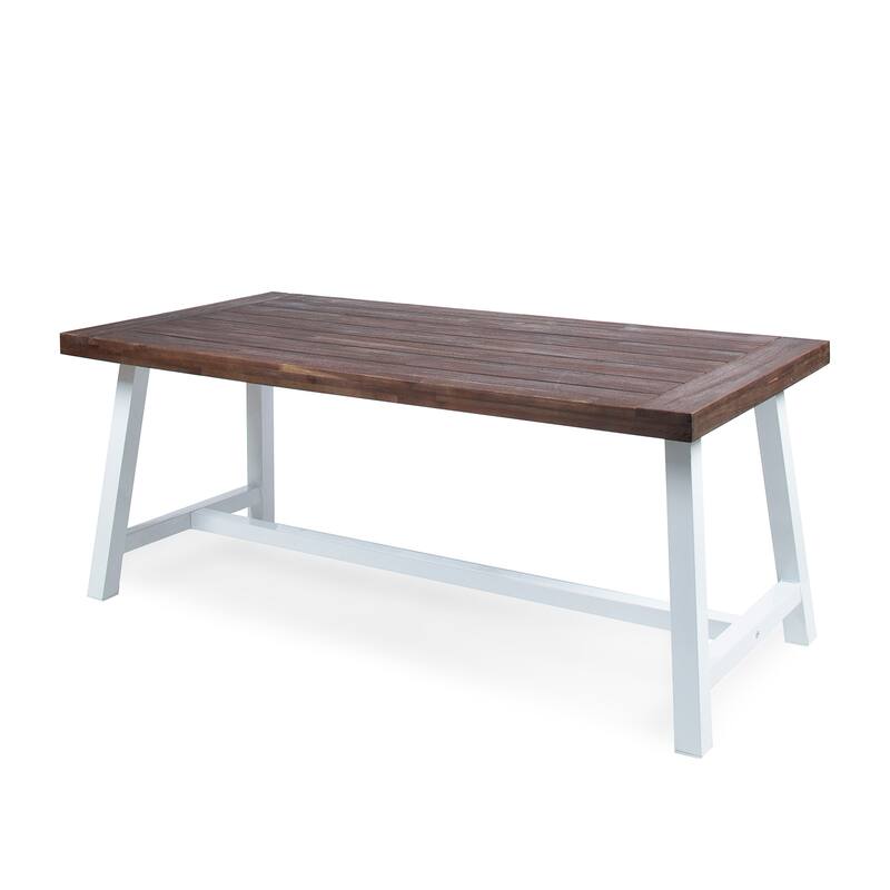 Roomfitters Outdoor Acacia Wood Dining Table with Rustic White Metal Sled Legs, Slat Top