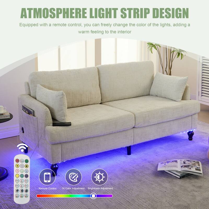 Modern Style Chenille 2-Seater Wood-Legged Sofa With Led Light, Usb Charging Port And Storage Bag Living Room Bedroom Study Room