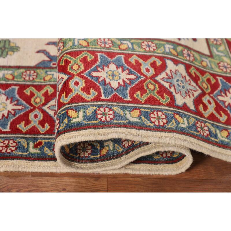 Ivory Kazak Oriental Area Rug Hand-Knotted Geometric Wool Carpet - 5'1" x 6'7"