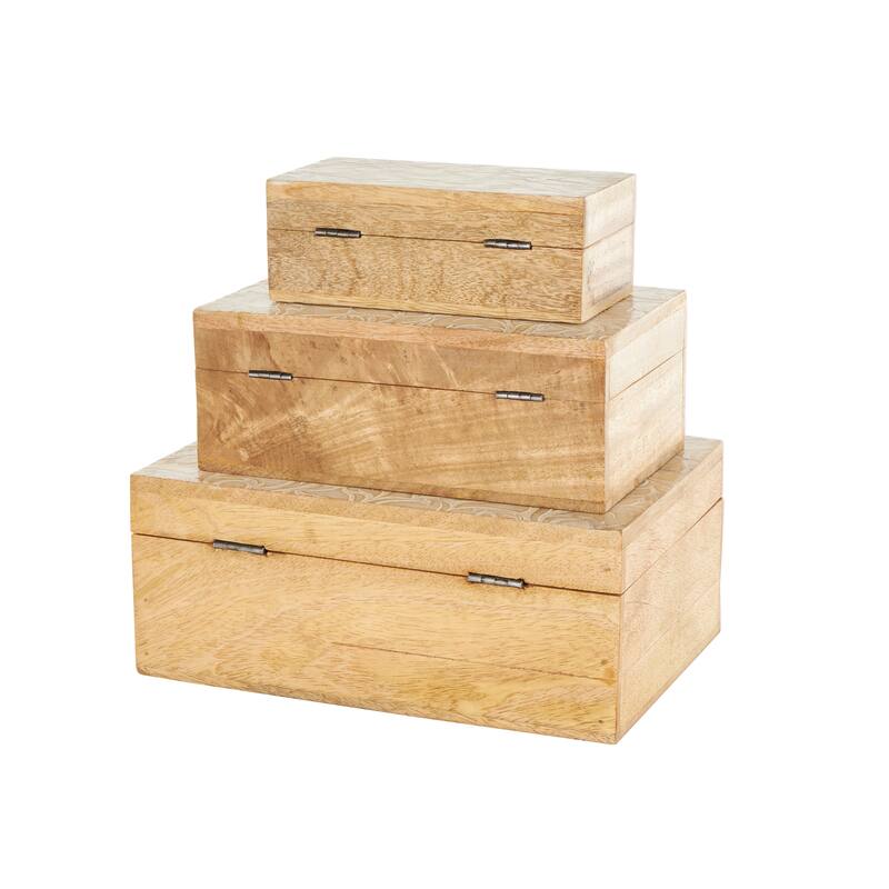 Brown Mango Wood Handmade Storage Scroll Box with Gold Accents (Set of 3)