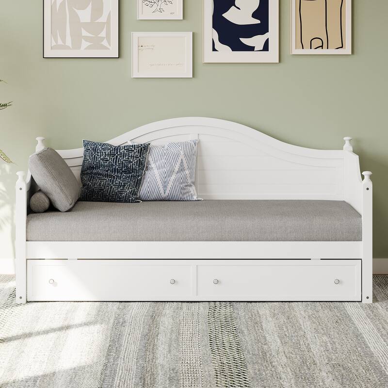 Roomfitters Twin Size Wood Daybed, 2 Storage Drawers, Handrail Frame, Living Room or Bedroom