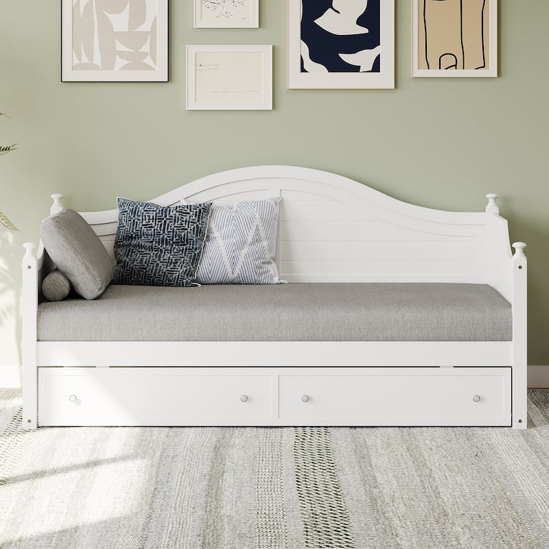 Twin Size Wood Daybed with 2 Storage Drawers ,Wooden Sofa Bed with Handrail for Living Room Bedroom, White - White
