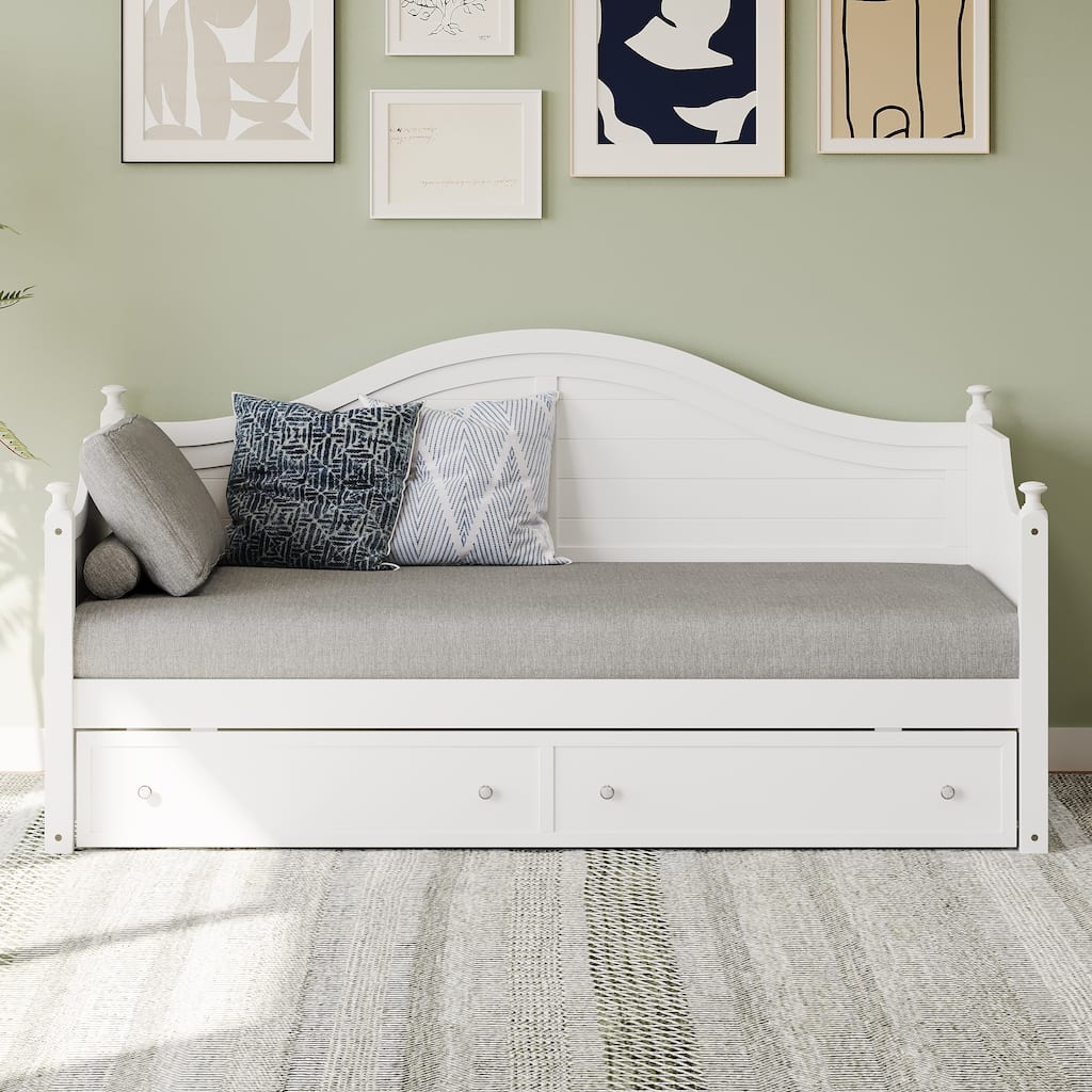 Wooden Daybed with 2 Storage Drawers, Twin Size Storage Platform Bed - Twin Size Extendable Day-bed Pop-up Trundle Bed, Sofa Bed