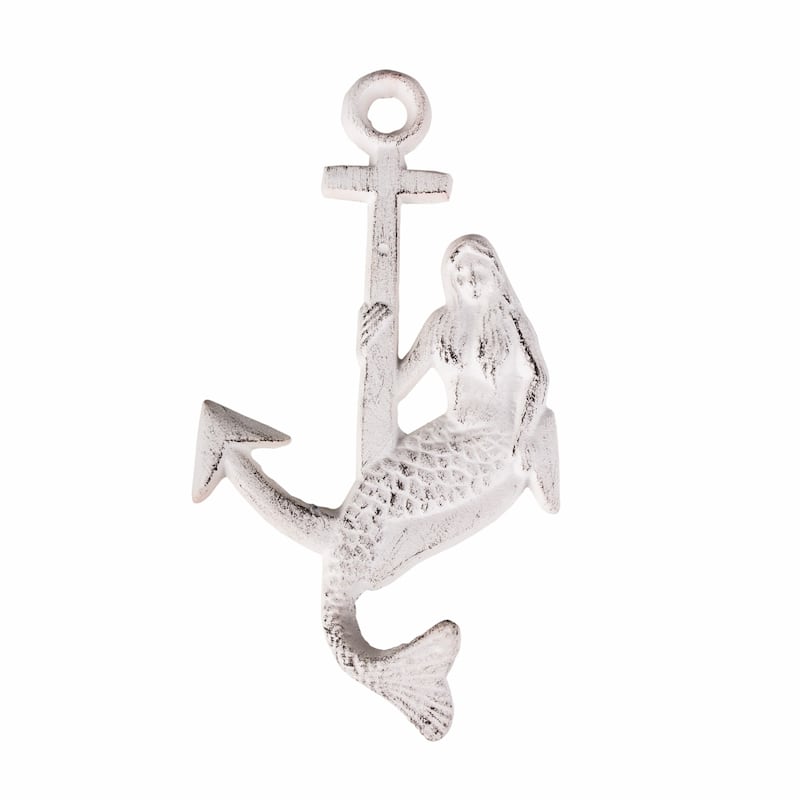 Beachcombers Mermaid on Anchor Single Wall Hook Painted Metal Distressed Finish - White