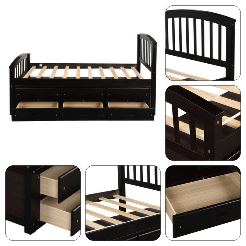 "6 Drawers twin frame Espresso shelf bed Solid Wood drawers in bed"