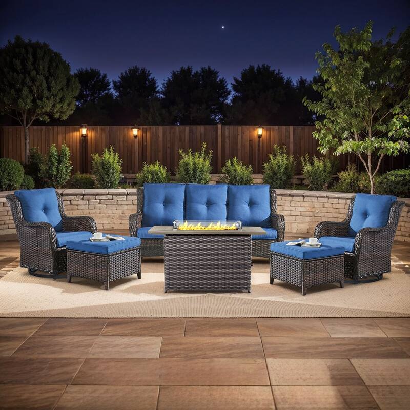 Fire Pit Table with Patio Glider Chairs Sofa Chairs Set - Brown - Blue