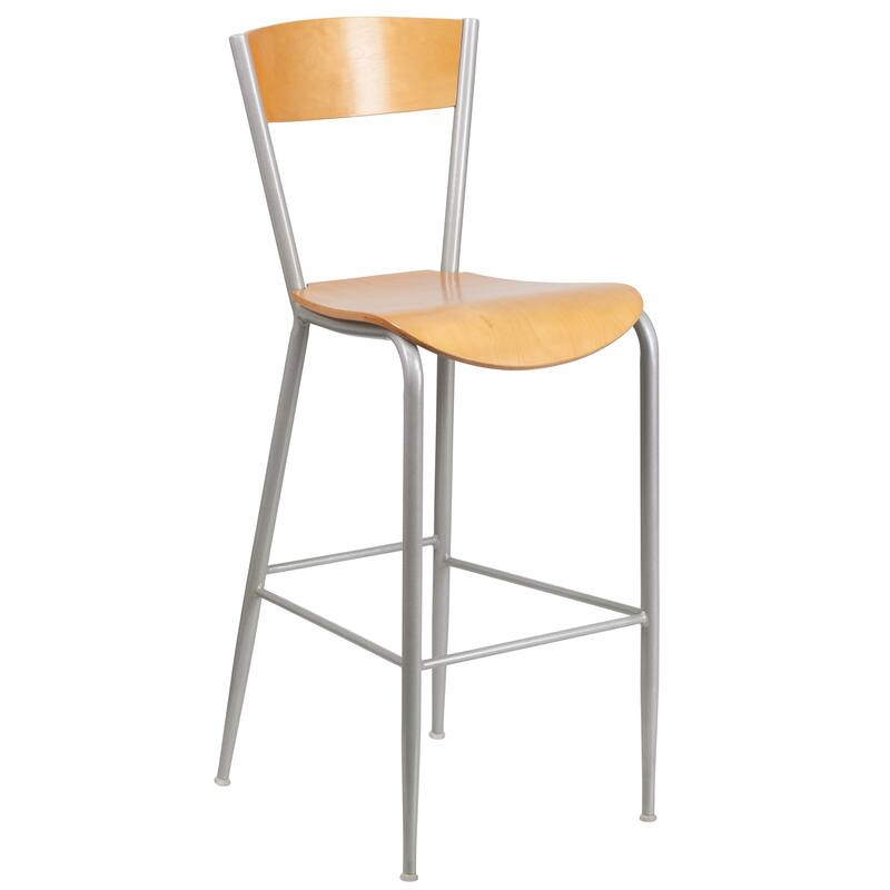 2 Pack Silver Metal Restaurant Barstool - Wood Back & Seat - 16.5"W x 21.5"D x 43"H